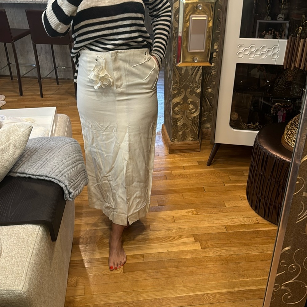 Sonia Rykiel high waist 💯 linen lined tailored pencil midi skirt w flower FR40